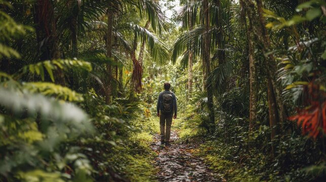 A man with a backpack walks along a narrow path in the jungle with traveler