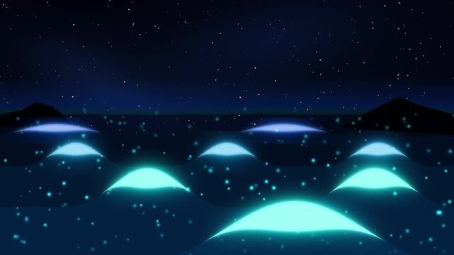 Bioluminescent Ocean Waves at Night with Glowing Particles