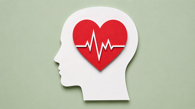 Conceptual image of a human head silhouette with a heart and heartbeat line