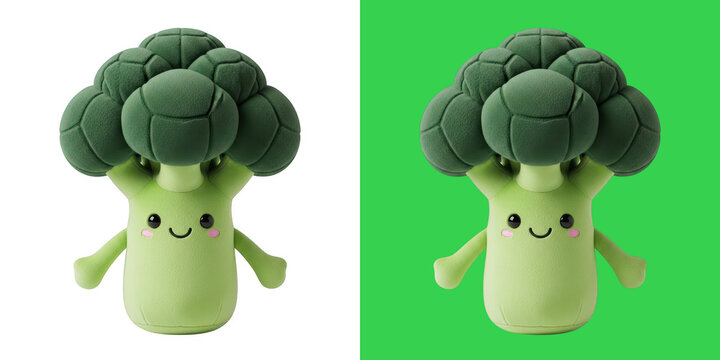 A cute 3D broccoli character with a friendly smile on two backgrounds