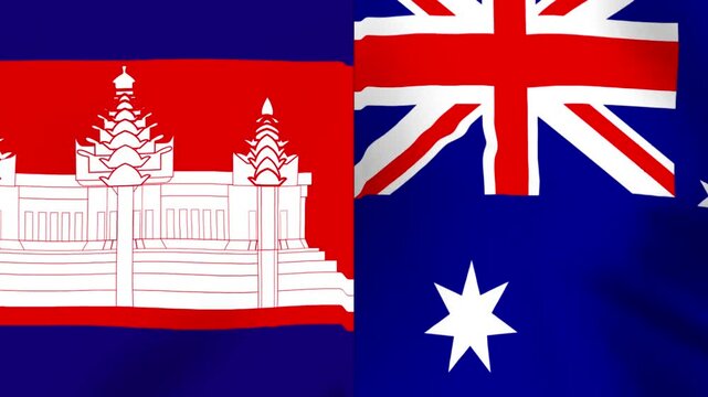 A close up view of the waving flags of Cambodia and Australia side by side