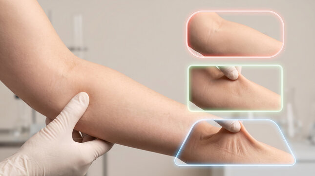 Ehlers Danlos syndrome, medical examination showing hypermobile elbow joint and abnormal skin elasticity with clinical comparison