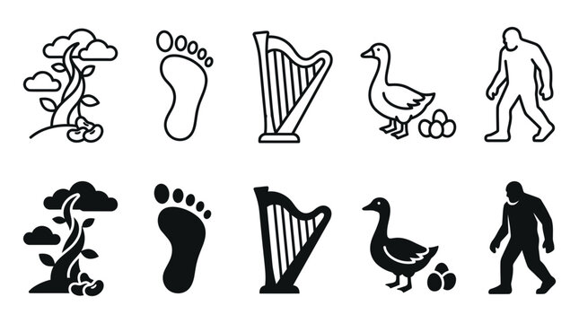 Jack and the beanstalk fairytale icon set with magic plant footprint harp goose and monster fairytale beanstalk
