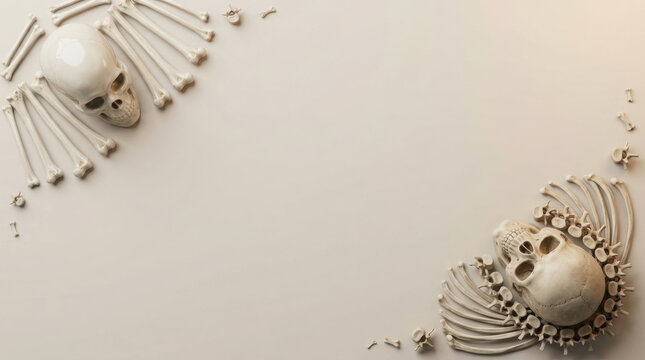 Human skeleton parts arranged in a decorative pattern on a neutral background
