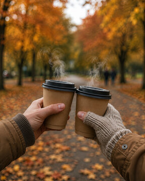 Zwei Kaffeebecher im herbstlichen Park