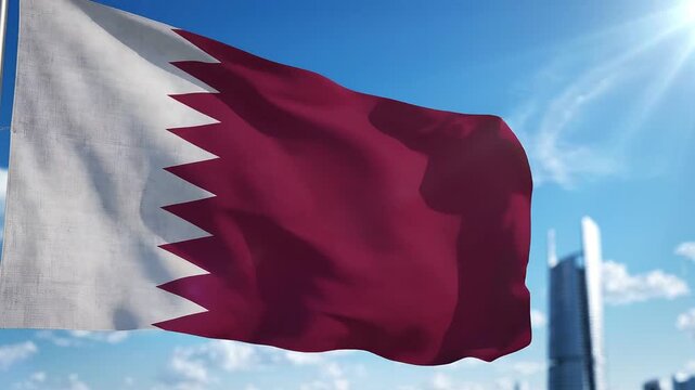 National flag of qatar waving in the wind against a bright blue sky and modern city skyline