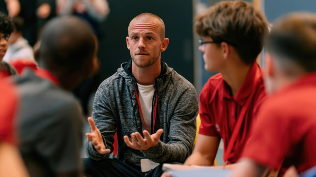 male mentor or coach speaking intently to group of young adults in casual circle setting during educational seminar workshop or team building activity, active listening, leadership communication
