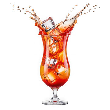 Refreshing tropical cocktail with ice cubes splashing in a glass on white background.