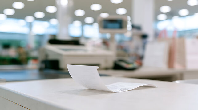 A printed receipt lies on a counter in front of a cash register inside a bright modern retail store with blurred background and bokeh lights