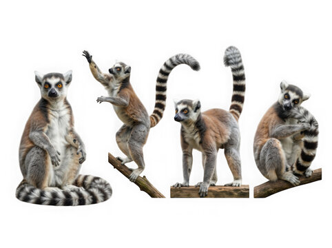 Group of ring-tailed lemurs isolated on white background, wild primates collection