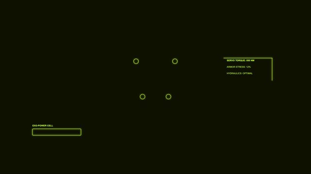 Futuristic hud interface with exo power cell and servo torque data overlay animation 4k sci-fi digital