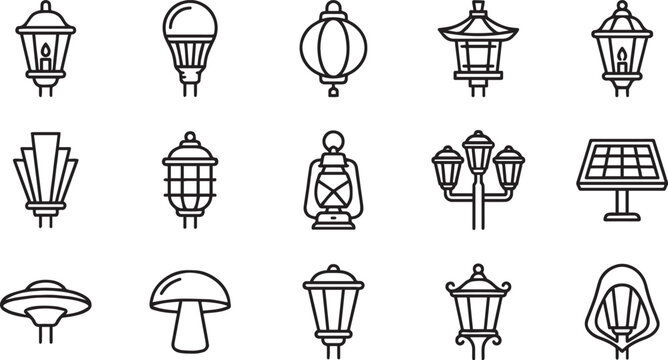 A collection of vintage and decorative street lamps lanterns and lighting fixtures in a hand drawn style