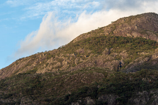 Rocky Mountainside with Native Forest and Cloudy Sky