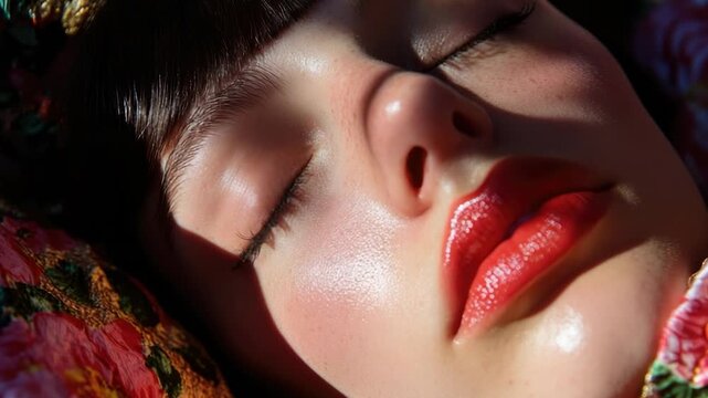 A close up of a woman's face with her eyes closed