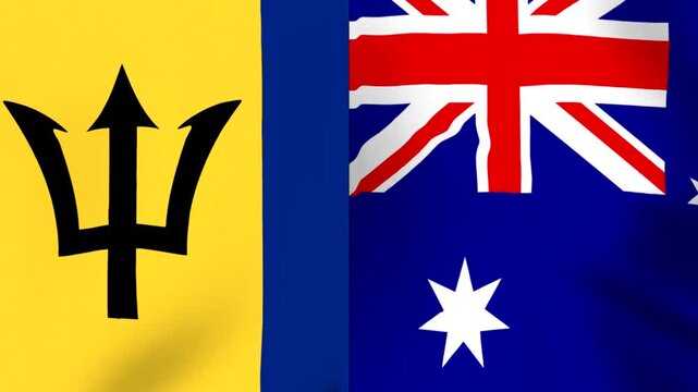 National flags of Barbados and Australia side by side waving fabric background