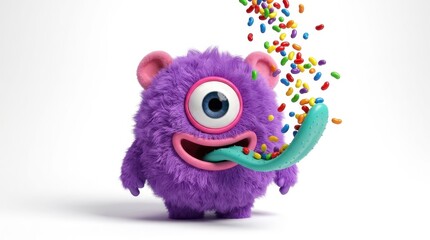 Fototapeta premium Cute Purple Furry One-Eyed Monster Catching Colorful Jelly Beans on Tongue, 3D Illustration Isolated on White