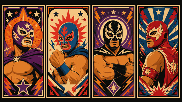 Mexican wrestling poster set with colorful masked luchador faces, stars, bold shapes, and retro event graphics, wrestling,