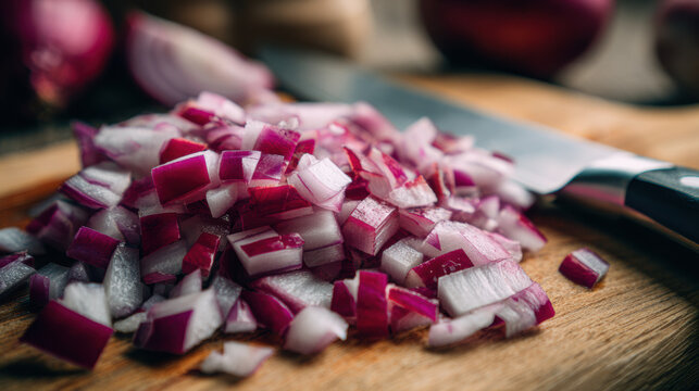 Closeup of freshly chopped red onion on a wooden cutting board, with diced pieces, a kitchen knife and whole onions in the background
