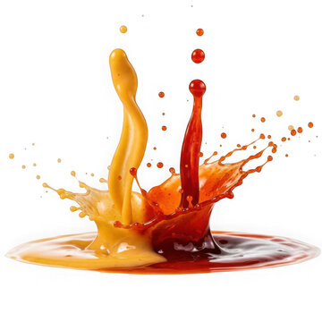Yellow and red liquid splash isolated on white background