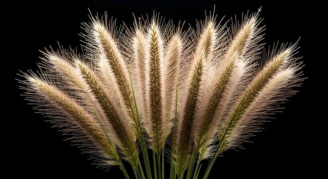 Close up of beautiful fountain grass or pennisetum alopecuroides, also known as chinese pampas grass, isolated on black background