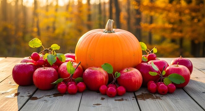 Autumn harvest composition with a large pumpkin and fresh red apples on a rustic wooden table against a blurred forest background at sunset