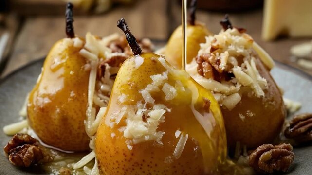 Three pears with cheese and nuts on a plate