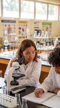 A female student in a white lab coat uses a microscope while her classmate writes notes in a science laboratory