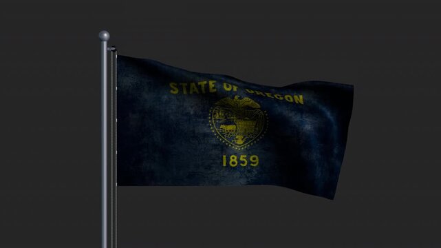 The Oregon state flag on a pole with textured fabric fluttering in the wind