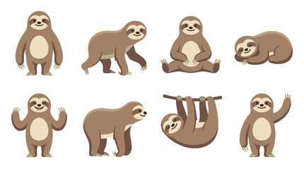 Naklejka premium Cute sloth character set vector with various poses like standing sitting walking hanging on branch sleeping and waving isolated on white background