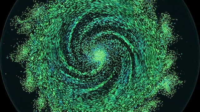 Microscopic particles swirling in top view, forming circular motion in dark fluid environment for microbiology research, scientific visualization, cellular activity, swarm dynamics, and simulation use
