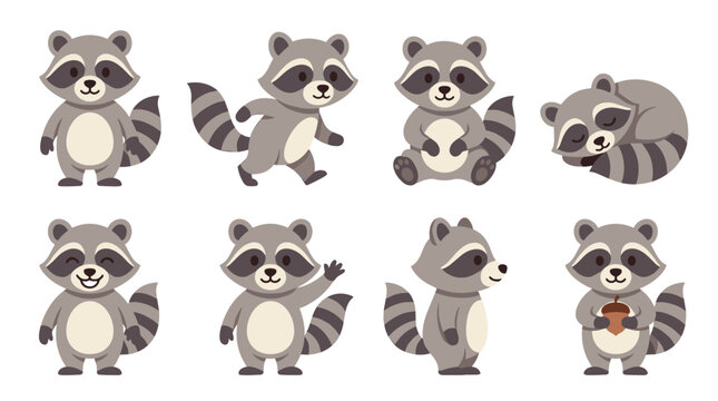 Cute raccoon character set vector with various poses like standing sitting walking running sleeping waving and holding acorn isolated on white background