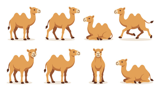 Cute camel character set vector with various poses like standing sitting walking and running isolated on white background