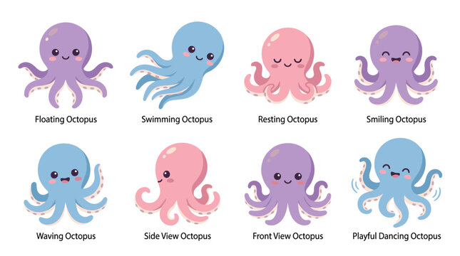 Cute octopus character set vector with various poses like floating swimming resting smiling waving and dancing isolated on white background