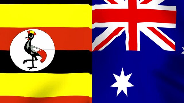 National flags of uganda and australia waving together as a symbol of international friendship and cooperation