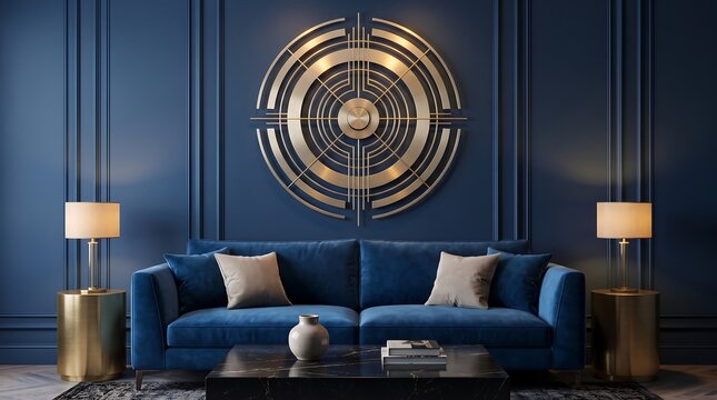 Elegant navy blue Art Deco living room with velvet sofa, gold wall decor and luxury interior design
