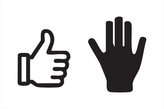 Thumb up icon and open hand symbol, like gesture and stop signal, simple line and filled icons.