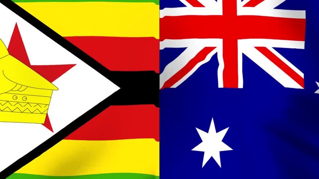 National flags of Zimbabwe and Australia combined as a split horizontal wave fabric design
