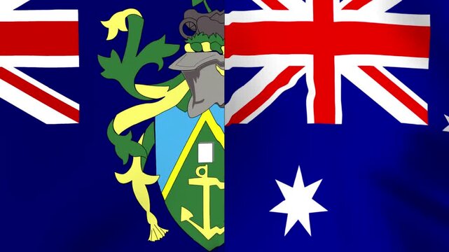 Split screen composition showing the national flags of Pitcairn Islands and Australia waving side by side