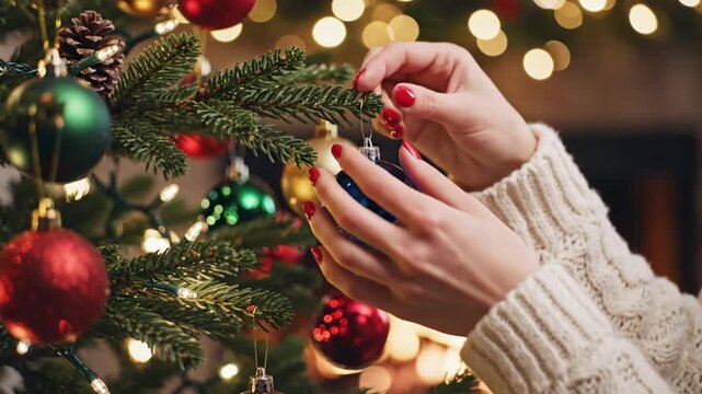 Mujer colgando una esfera azul brillante en un &aacute;rbol de Navidad decorado frente a una chimenea acogedora.