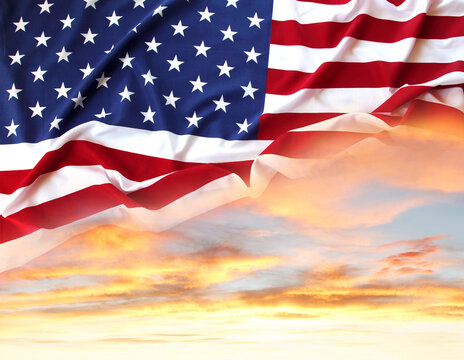American flag in sunny sky