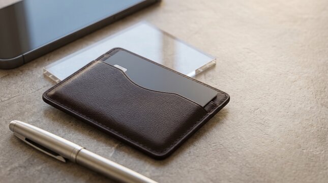A slim brown leather wallet with credit cards and a pen on a neutral textured table surface