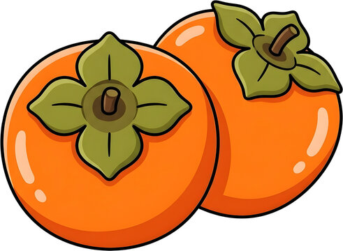 Cute Persimmon Fruit with Green Leaves Cartoon Vector Illustration
