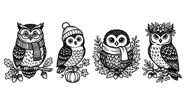 Collection of four cute hand drawn owl illustrations perched on branches in detailed black and white line art