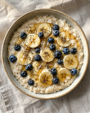 Haferflockenschale mit Beeren und Banane