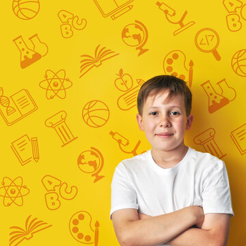 Boy with Crossed Arms on a School-Themed Background