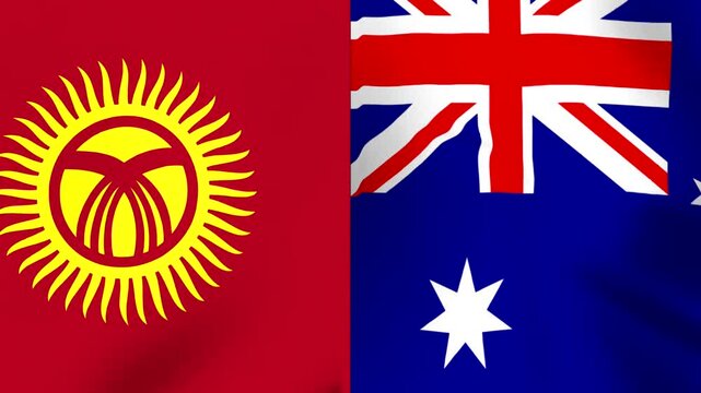 Waving fabric flags of Kyrgyzstan and Australia side by side showing national symbols and bright colors
