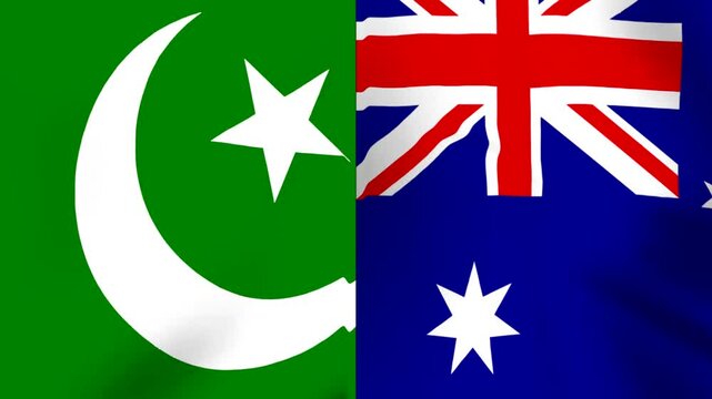 Waving fabric flags of Pakistan and Australia side by side showing international diplomatic relations and friendship