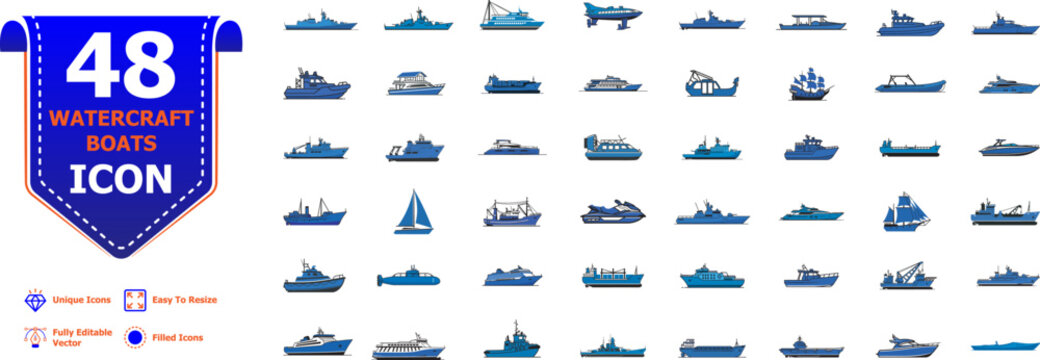 48 Watercraft Boat Icons Set for Marine Transport Vector Collection