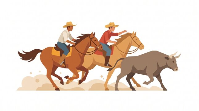 Flat vector illustration of two cowboys on horseback herding a bull across a dusty ranch landscape isolated on white background