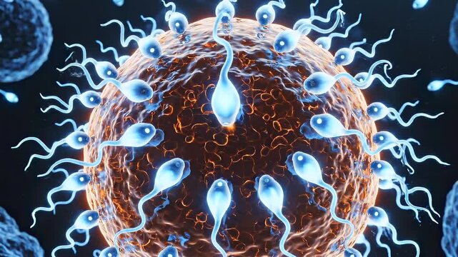 Ovum receiving sperm wide CGI view in microscopic reproductive environment for fertilization, conception, embryology education, fertility treatment, IVF visuals, and reproductive health communication.